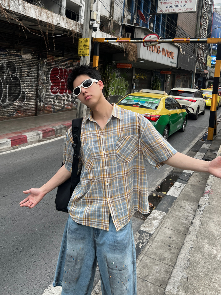 Unisex Brushed Plaid Short Sleeve Shirt - American Style Summer Casual Shirt for Couples, Loose Fit College Trend Unisex Brushed Plaid Short Sleeve Shirt - American Style Summer Casual Shirt for Couples, Loose Fit College Trend