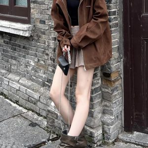 Unisex Caramel Cocoa Suede Motorcycle Jacket with Stand Collar - Vintage Cleanfit Workwear, Trendy Loose Style