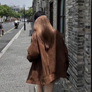 Unisex Caramel Cocoa Suede Motorcycle Jacket with Stand Collar - Vintage Cleanfit Workwear, Trendy Loose Style