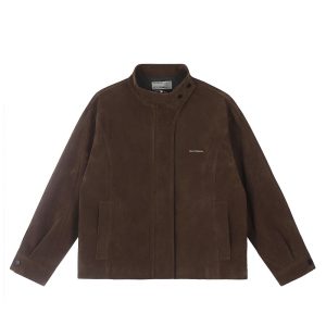 Unisex Caramel Cocoa Suede Motorcycle Jacket with Stand Collar - Vintage Cleanfit Workwear, Trendy Loose Style