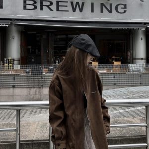 Unisex Caramel Cocoa Suede Motorcycle Jacket with Stand Collar - Vintage Cleanfit Workwear, Trendy Loose Style