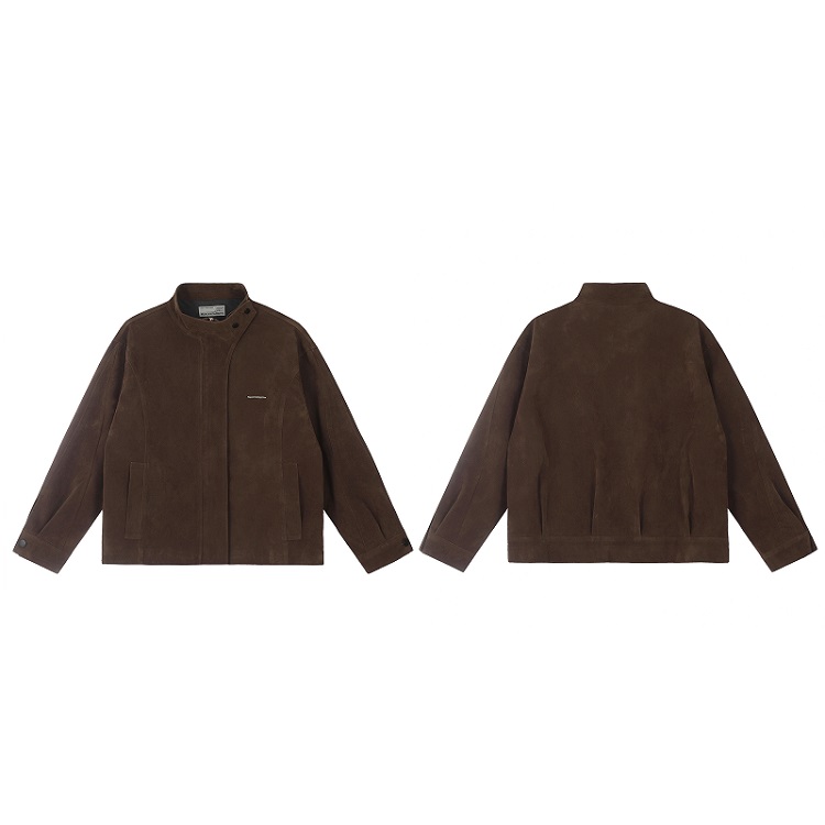 Unisex Caramel Cocoa Suede Motorcycle Jacket with Stand Collar - Vintage Cleanfit Workwear, Trendy Loose Style