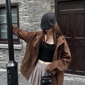 Unisex Caramel Cocoa Suede Motorcycle Jacket with Stand Collar - Vintage Cleanfit Workwear, Trendy Loose Style