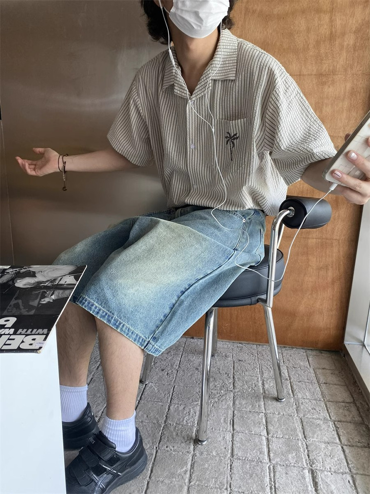 Unisex Cuban Collar Striped Short-Sleeve Shirt with Coconut Tree Embroidery - Retro Hawaiian Style Beach Shirt Unisex Cuban Collar Striped Short-Sleeve Shirt with Coconut Tree Embroidery - Retro Hawaiian Style Beach Shirt