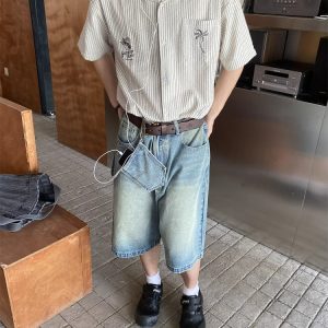 Unisex Cuban Collar Striped Short-Sleeve Shirt with Coconut Tree Embroidery - Retro Hawaiian Style Beach Shirt