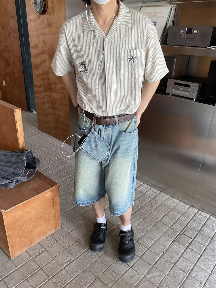 Unisex Cuban Collar Striped Short-Sleeve Shirt with Coconut Tree Embroidery - Retro Hawaiian Style Beach Shirt Unisex Cuban Collar Striped Short-Sleeve Shirt with Coconut Tree Embroidery - Retro Hawaiian Style Beach Shirt