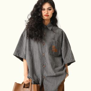 Unisex Deep Gray Short-Sleeve Work Shirt - Loose Fit American Style Summer Couples Top