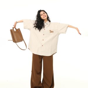 Unisex Deep Gray Short-Sleeve Work Shirt - Loose Fit American Style Summer Couples Top