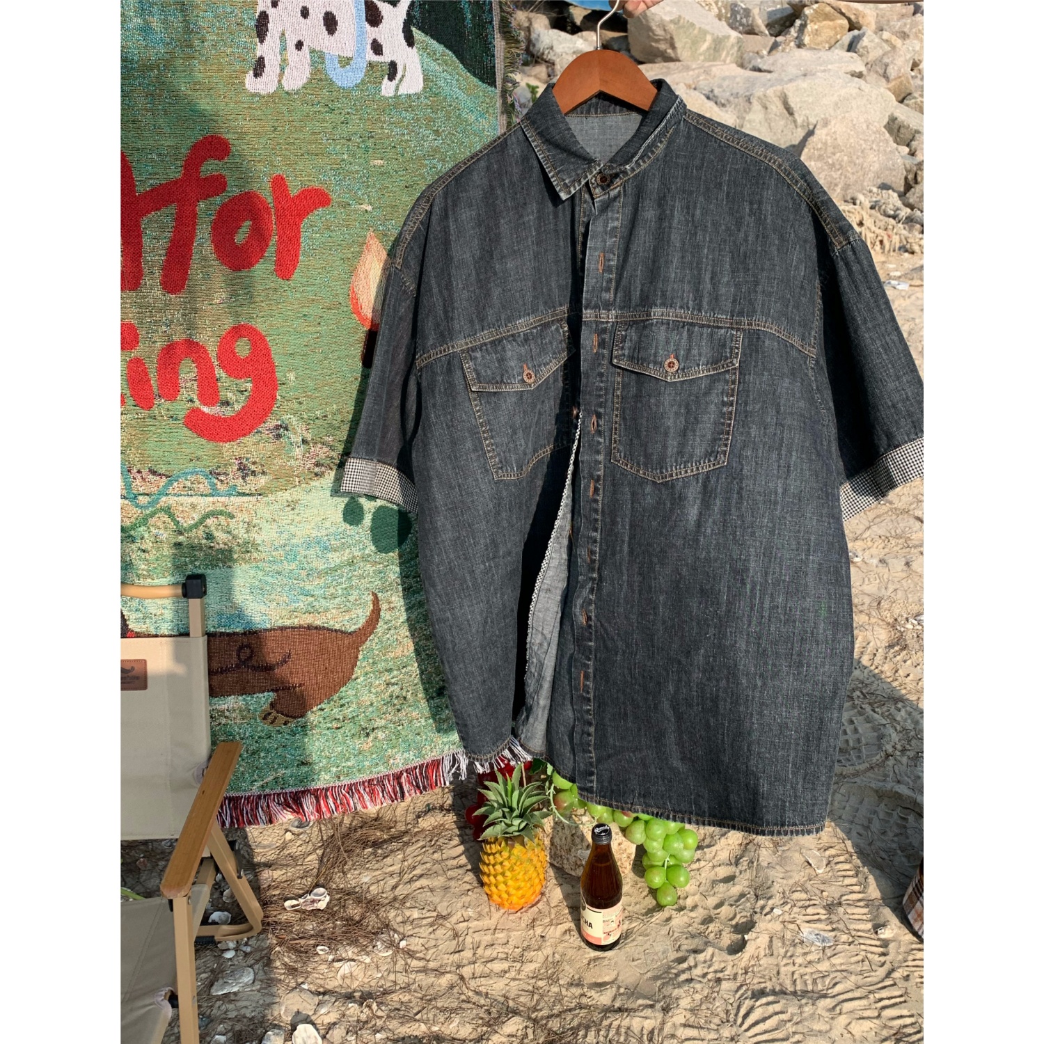 Unisex Distressed Denim Short Sleeve Shirt - Vintage Washed Loose Fit Summer Top for Trendy 90s Y2K Style