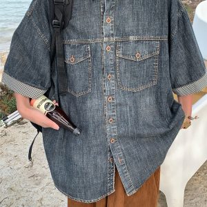 Unisex Distressed Denim Short Sleeve Shirt - Vintage Washed Loose Fit Summer Top for Trendy 90s Y2K Style