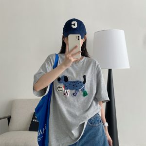 Unisex Dog Embroidered Short Sleeve Cotton T-Shirt - Relaxed Fit Summer Street Style