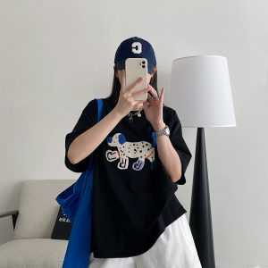 Unisex Dog Embroidered Short Sleeve Cotton T-Shirt - Relaxed Fit Summer Street Style