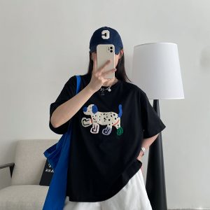 Unisex Dog Embroidered Short Sleeve Cotton T-Shirt - Relaxed Fit Summer Street Style