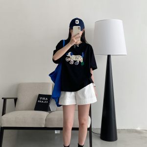 Unisex Dog Embroidered Short Sleeve Cotton T-Shirt - Relaxed Fit Summer Street Style