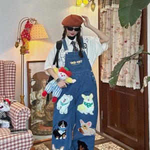 Unisex Handmade Vintage Dog Denim Overalls, Loose BF Style, Cute Japanese Jumpsuit, Trendy 90s Aesthetic