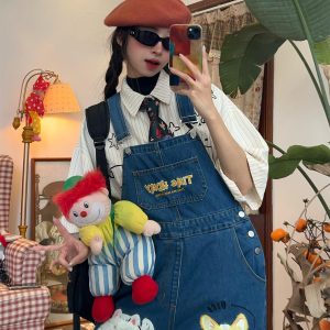Unisex Handmade Vintage Dog Denim Overalls, Loose BF Style, Cute Japanese Jumpsuit, Trendy 90s Aesthetic