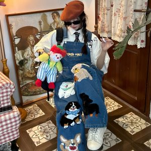 Unisex Handmade Vintage Dog Denim Overalls, Loose BF Style, Cute Japanese Jumpsuit, Trendy 90s Aesthetic