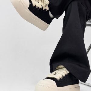 Unisex High Street Thick-Soled Canvas Shoes - Breathable Black & White Platform Sneakers for Height Increase - Versatile Big-Toe Sports Wedges