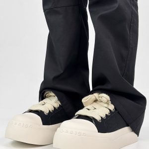 Unisex High Street Thick-Soled Canvas Shoes - Breathable Black & White Platform Sneakers for Height Increase - Versatile Big-Toe Sports Wedges