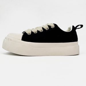 Unisex High Street Thick-Soled Canvas Shoes - Breathable Black & White Platform Sneakers for Height Increase - Versatile Big-Toe Sports Wedges