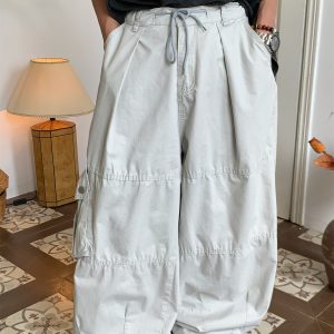 Unisex High Street Vintage Work Pants with Drawstring, Multi-Pocket, Loose Fit Wide-Leg Design - Retro Style for Men and Women