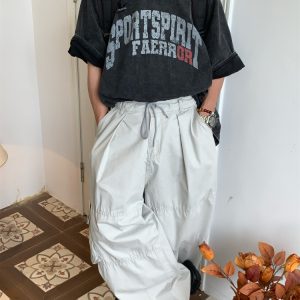 Unisex High Street Vintage Work Pants with Drawstring, Multi-Pocket, Loose Fit Wide-Leg Design - Retro Style for Men and Women