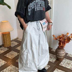 Unisex High Street Vintage Work Pants with Drawstring, Multi-Pocket, Loose Fit Wide-Leg Design - Retro Style for Men and Women