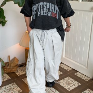 Unisex High Street Vintage Work Pants with Drawstring, Multi-Pocket, Loose Fit Wide-Leg Design - Retro Style for Men and Women