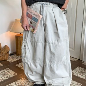 Unisex High Street Vintage Work Pants with Drawstring, Multi-Pocket, Loose Fit Wide-Leg Design - Retro Style for Men and Women