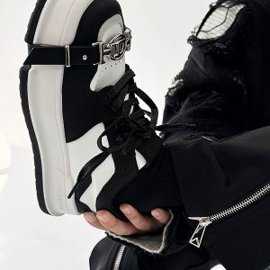 Unisex Lace-Up Casual Sneakers with Square Toe in Black and White - Trendy National Style Sports Shoes for Couples