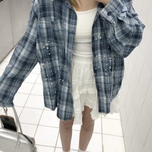 Unisex Long Sleeve Plaid Ink Splash Shirt Jacket - Vintage Loose Fit for Spring & Autumn, Perfect for 90s & Y2K Style