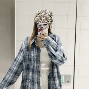 Unisex Long Sleeve Plaid Ink Splash Shirt Jacket - Vintage Loose Fit for Spring & Autumn, Perfect for 90s & Y2K Style