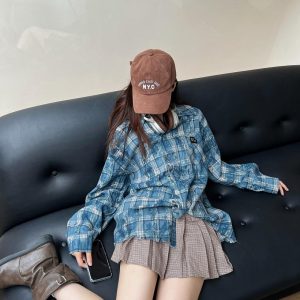 Unisex Long Sleeve Tie-Dye Plaid Shirt Jacket - Retro 90s Galaxy Soda High-End Lazy Style Trend