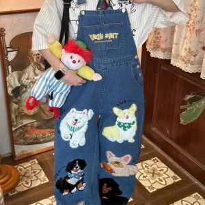 Unisex Loose Fit Denim Overalls with Fun Dog Print - Japanese Style Cute Jumpsuit for Men and Women - Vintage 90s Trend