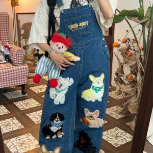 Unisex Loose Fit Denim Overalls with Fun Dog Print - Japanese Style Cute Jumpsuit for Men and Women - Vintage 90s Trend