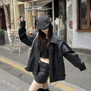 Unisex Oversized Relaxed Fit Black Leather Motorcycle Jacket - Vintage American Style