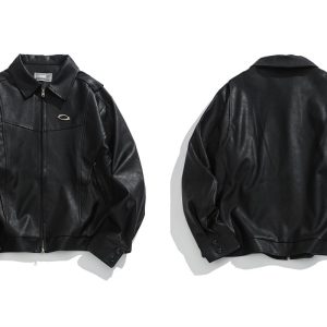 Unisex Oversized Relaxed Fit Black Leather Motorcycle Jacket - Vintage American Style