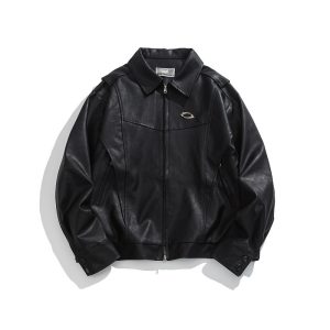 Unisex Oversized Relaxed Fit Black Leather Motorcycle Jacket - Vintage American Style