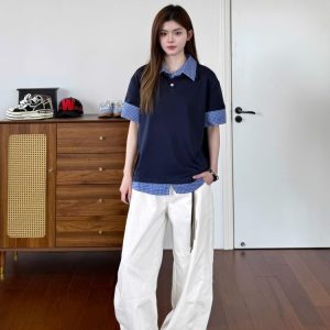 Unisex Plaid Polo Spliced Two-Piece Short Sleeve T-Shirt - Casual Summer Style, American Fashion, Loose Fit