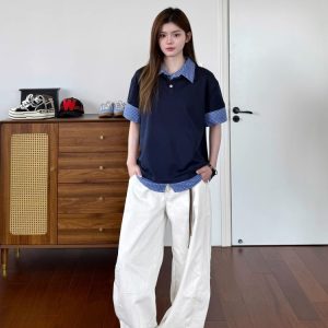 Unisex Plaid Polo Spliced Two-Piece Short Sleeve T-Shirt - Casual Summer Style, American Fashion, Loose Fit