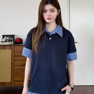 Unisex Plaid Polo Spliced Two-Piece Short Sleeve T-Shirt - Casual Summer Style, American Fashion, Loose Fit