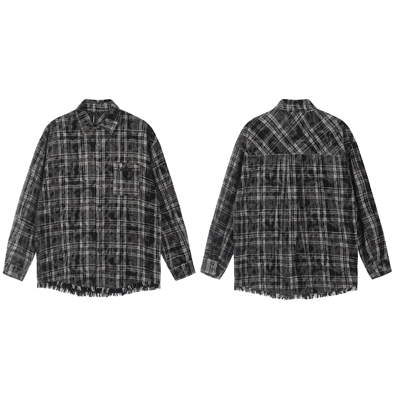 Unisex Retro American Plaid Fringe Long-Sleeve Shirt - Trendy Loose Fit for Couples - Vintage Style 90s Fashion Top