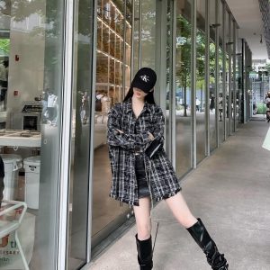 Unisex Retro American Plaid Fringe Long-Sleeve Shirt - Trendy Loose Fit for Couples - Vintage Style 90s Fashion Top