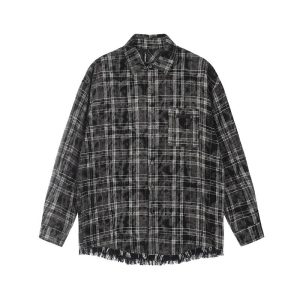 Unisex Retro American Plaid Fringe Long-Sleeve Shirt - Trendy Loose Fit for Couples - Vintage Style 90s Fashion Top