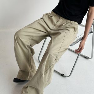 Unisex Retro American Work Pants with Big Pockets and Splicing Design - Casual Curved Knife Style for 90s Inspired Fashion