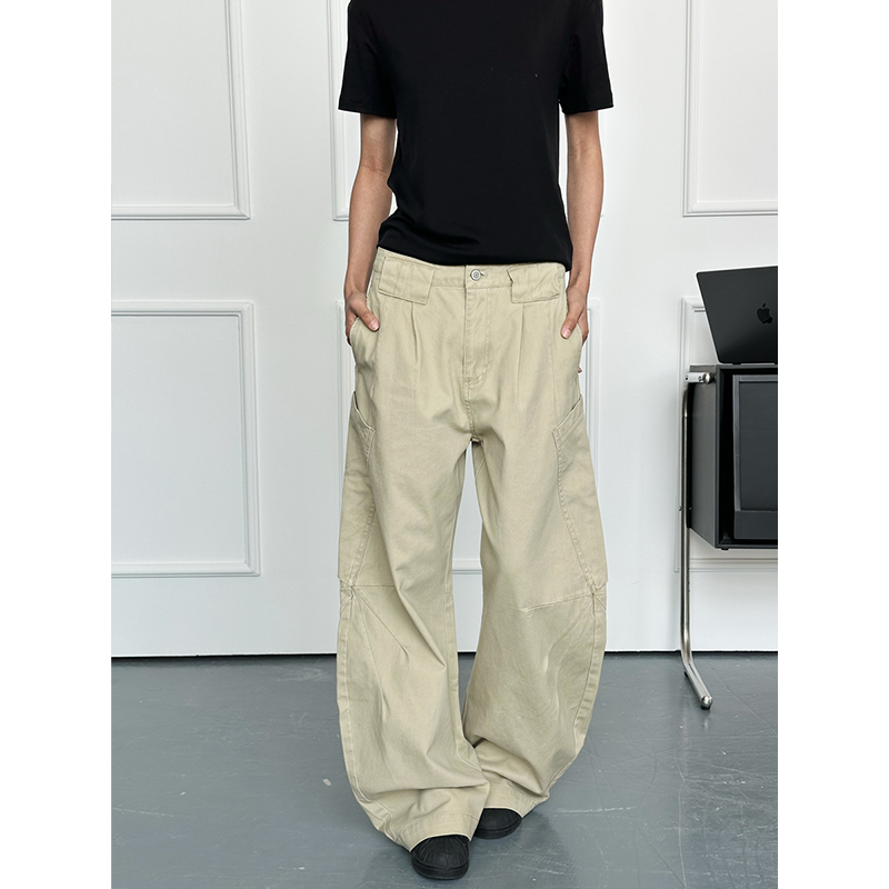 Unisex Retro American Work Pants with Big Pockets and Splicing Design - Casual Curved Knife Style for 90s Inspired Fashion