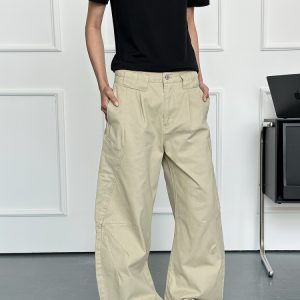 Unisex Retro American Work Pants with Big Pockets and Splicing Design - Casual Curved Knife Style for 90s Inspired Fashion
