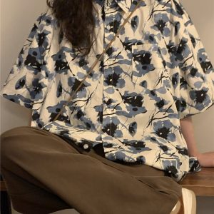 Unisex Retro Floral Polo Collar Shirt - Japanese Style Loose Casual Short Sleeve Top for Summer Fashion