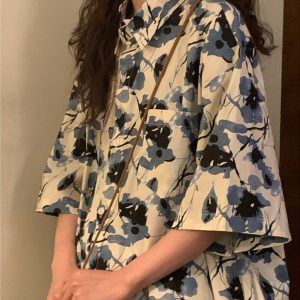 Unisex Retro Floral Polo Collar Shirt - Japanese Style Loose Casual Short Sleeve Top for Summer Fashion