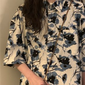 Unisex Retro Floral Polo Collar Shirt - Japanese Style Loose Casual Short Sleeve Top for Summer Fashion